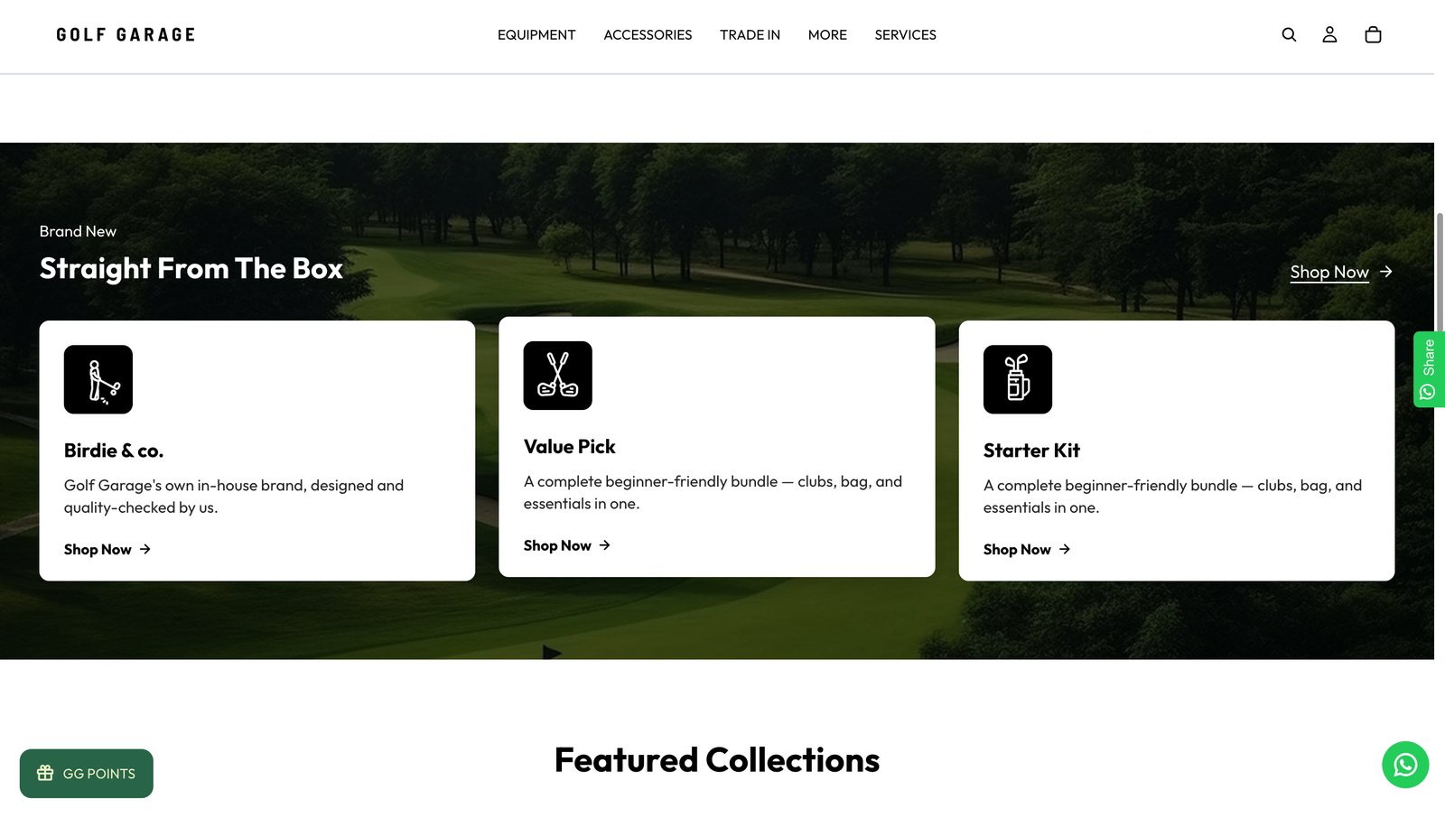 Golf Garage homepage featuring Birdie & co., the in-house brand, alongside Value Pick and Starter Kit bundles