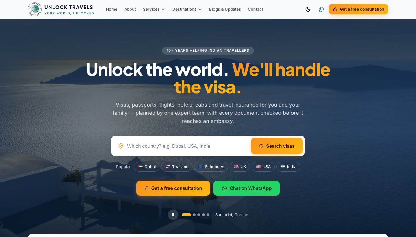 Unlock Travels homepage hero with visa search on unlocktravels.com