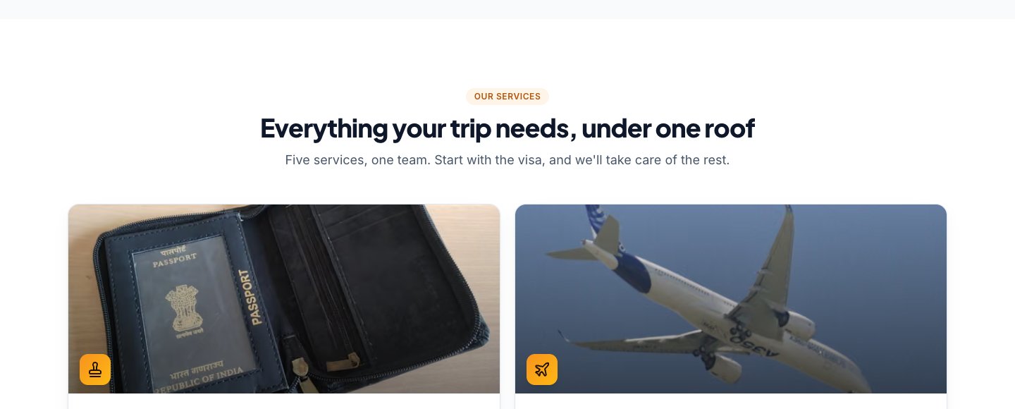 Unlock Travels services section: visa and passport services, air tickets, hotels, cabs and travel insurance